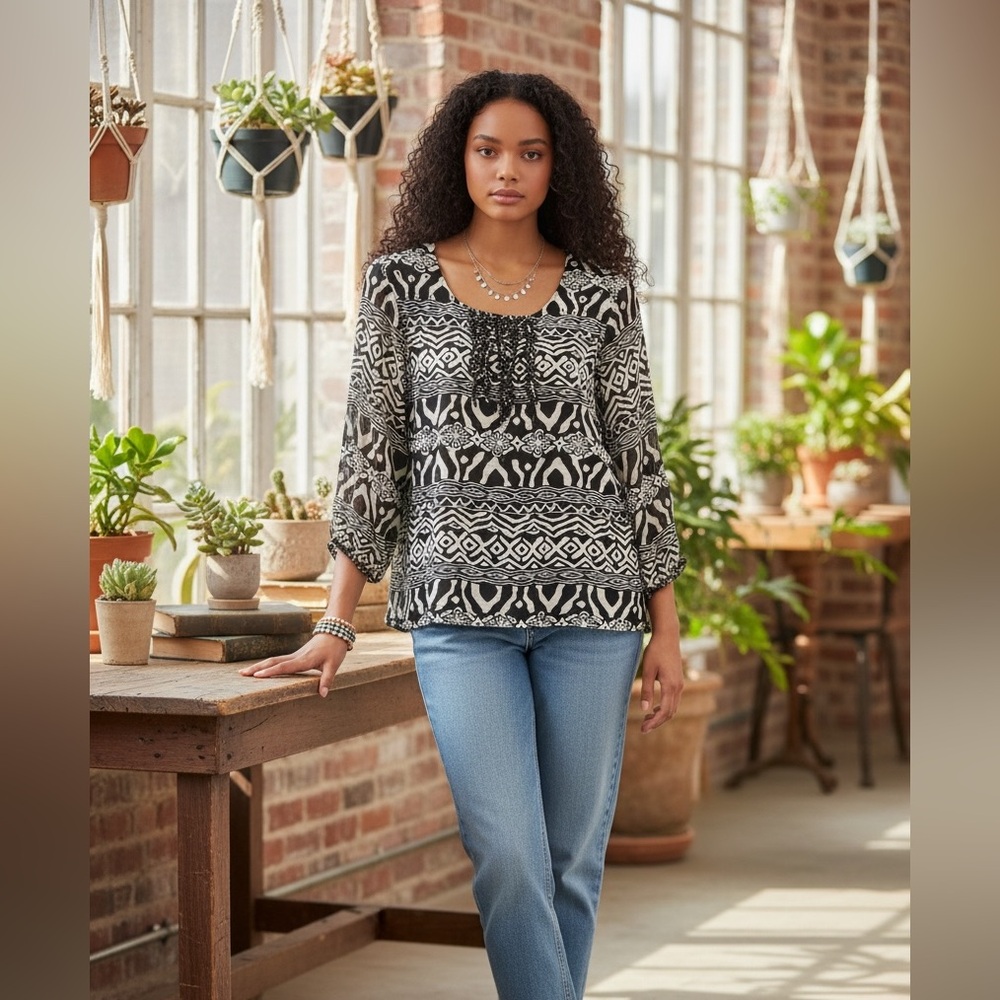 Multiples Black & White Geometric Blouse - Picture 1 of 3
